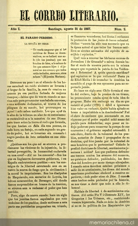 El Correo Literario: año 1, nº 2, 31 de agosto de 1867