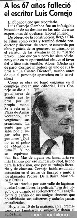 A los 67 años falleció el escritor Luis Cornejo