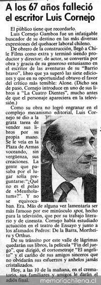 A los 67 años falleció el escritor Luis Cornejo