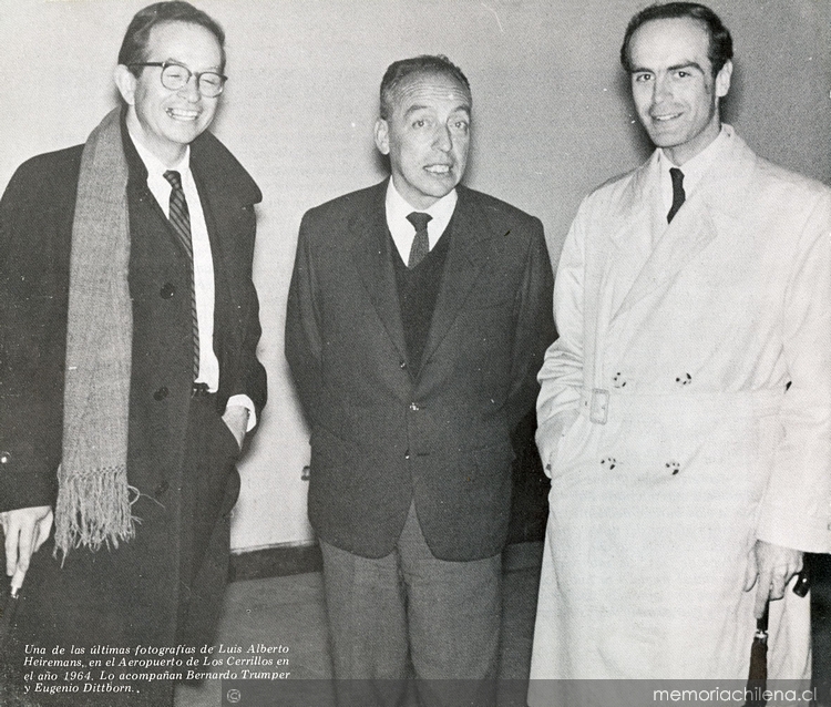 Bernardo Trumper, Eugenio Dittborn y Luis Alberto Heiremans en el Aeropuerto Los Cerrillos, 1964