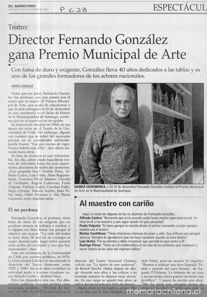 Director Fernando González gana Premio Municipal de Arte