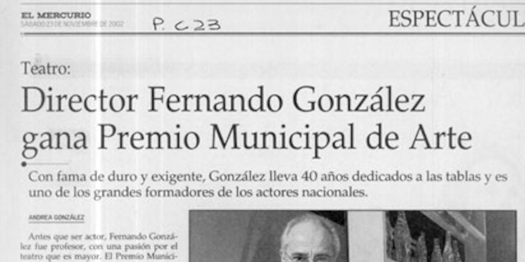 Director Fernando González gana Premio Municipal de Arte