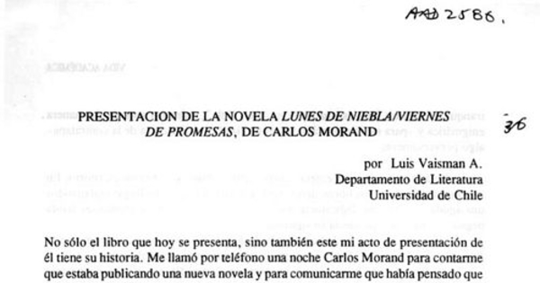 Presentación de la novela "Lunes de niebla, viernes de promesas", de Carlos Morand