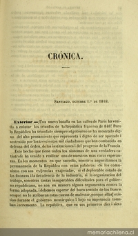 Primera página de la "Crónica", Revista de Santiago, 1848.