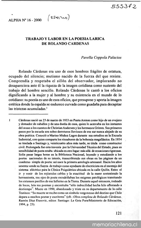 Trabajo y labor en la poesía lárica de Rolando Cárdenas