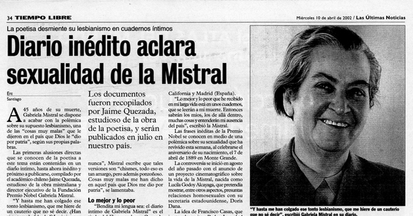 Diario inédito aclara sexualidad de la Mistral