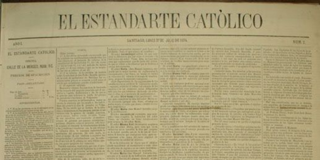 Primera plana del diario "El estandarte católico", 27 de julio de 1874