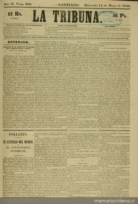 Primera plana del diario La Tribuna, 15 de mayo de 1850