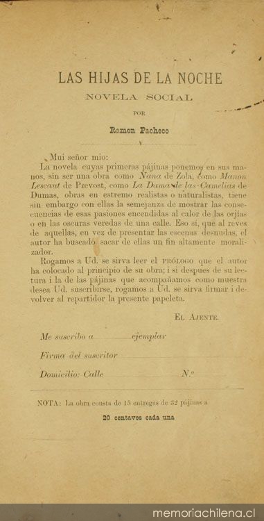 Ficha de suscripción a las entregas de "Las hijas de la noche" de Ramón Pacheco, 1886