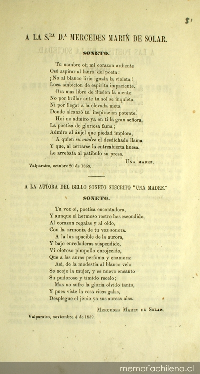 Poemas de "Una madre", seudónimo de Rosario Orrego, y de Mercedes Marín del Solar, publicados en Revista del Pacífico