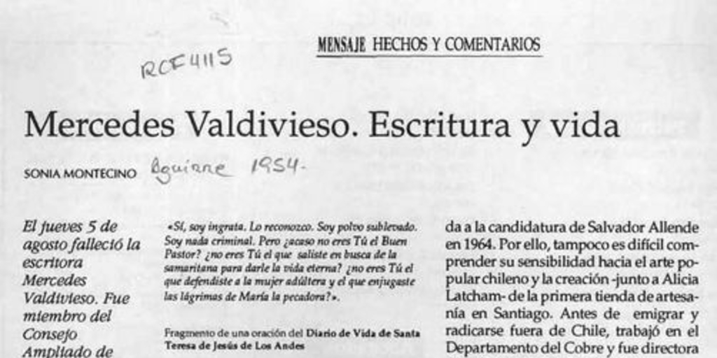 Mercedes Valdivieso. Escritura y vida