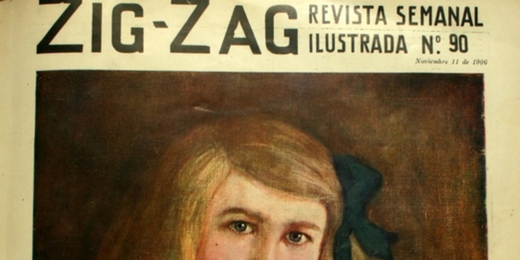 Cuadro de niña rubia con rosetón azul, portada de revista Zig-Zag