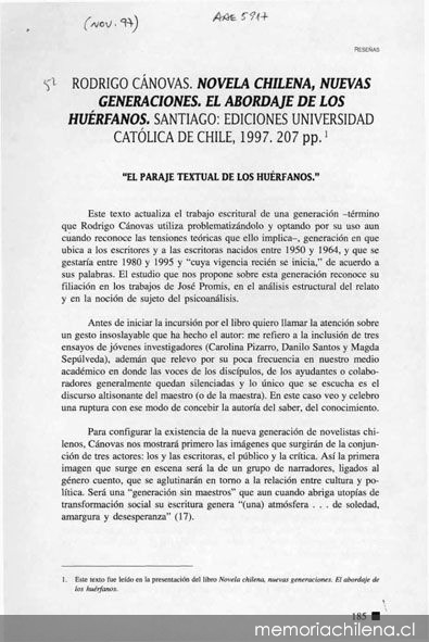 Rodrigo Cánovas. Novela chilena, nuevas generaciones