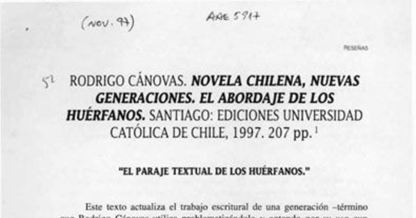 Rodrigo Cánovas. Novela chilena, nuevas generaciones