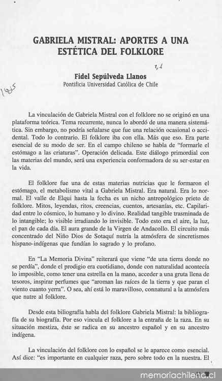 Gabriela Mistral, aportes a una estética del folklore