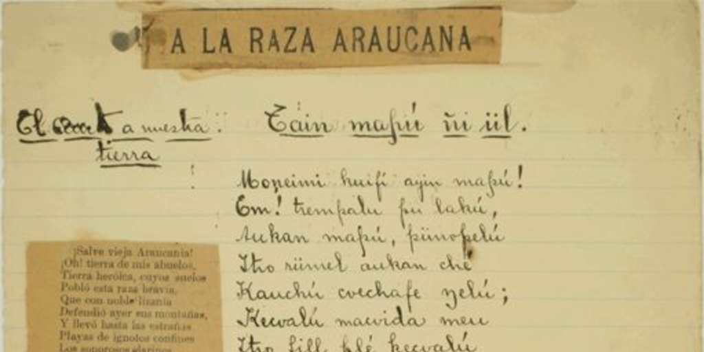 "A la raza araucana" de Samuel Lillo, traducida al mapuche por Manuel Manquilef