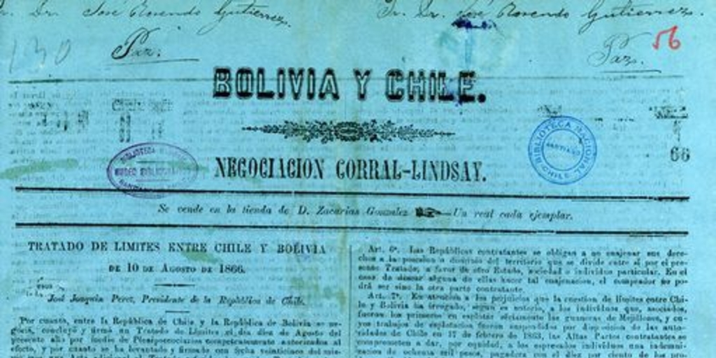 Bolivia y Chile: Negociación Corral-Lindsay: Tratado de Límites entre Chile y Bolivia de 10 de Agosto de 1866. Tacna, 23 de Febrero de 1873