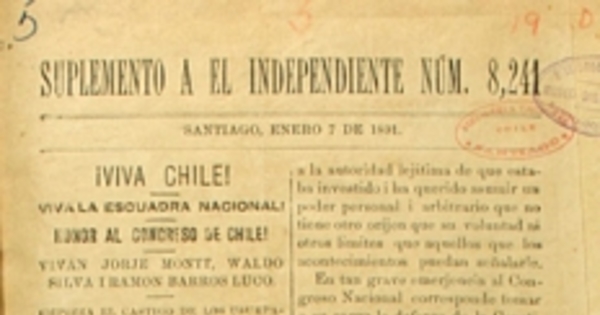 !Viva Chile! !Viva la Escuadra Nacional! Honor al Congreso de Chile! !Vivan Jorge Montt, Waldo Silva i Ramón Barros Luco!