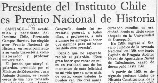 Presidente del Instituto Chile es Premio Nacional de Historia