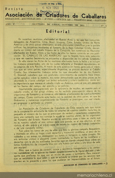 Editorial de la Revista de la Asociación de Criadores de Caballares, 1953