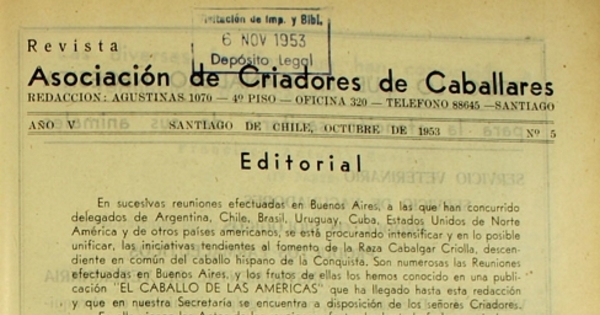 Editorial de la Revista de la Asociación de Criadores de Caballares, 1953