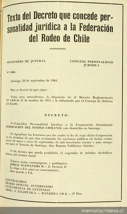 Texto del decreto que concede personalidad jurídica a la Federación del Rodeo de Chile