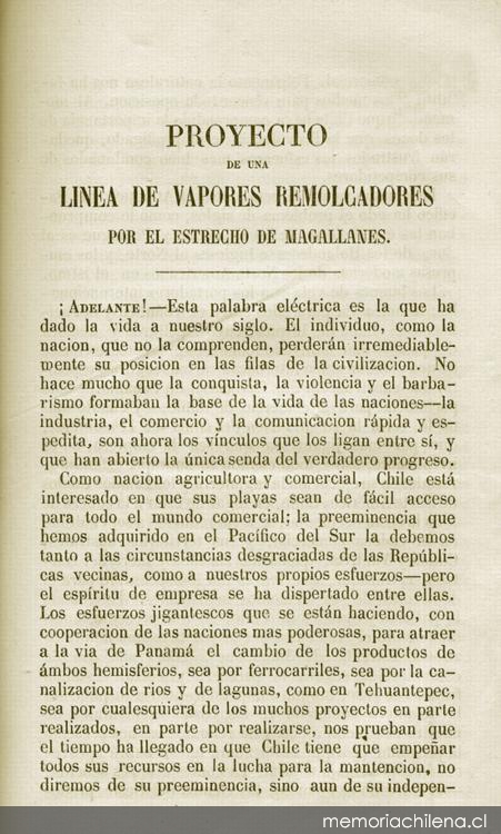 Proyecto de una linea de vapores remolcadores por el Estrecho de Magallanes