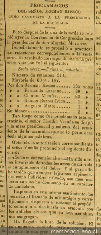 Proclamación del señor Jermán Riesco como candidato a la presidencia de la República