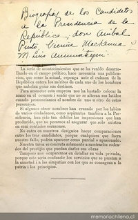 Biografías de los candidatos a la presidencia de la república : Don. Anibal Pinto, Don. Benjamin Vicuña Mackenna y M. Luís Amunátegui