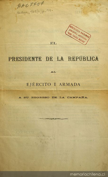 El Presidente de la República al Ejército i Armada a su regreso de la Campaña