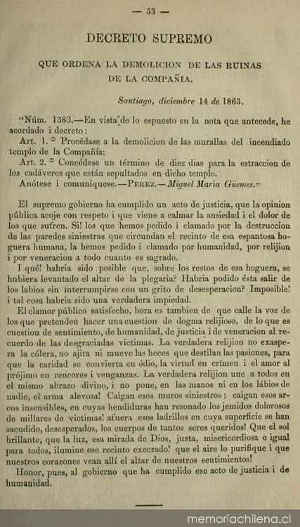 Decreto supremo que ordena la demolición de las ruinas de la Compañía: 14 diciembre de 1863