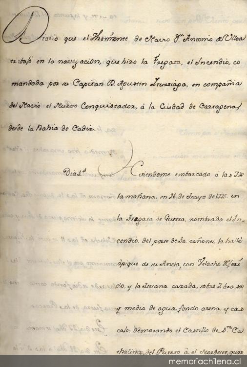 Diario que el Theniente de navio Dn. Antonio de Ulloa trabajó en la navegación que hizo la fragata El Incendio comandada por su Capitan D. Agustin Iturriaza, en compañia del navio el Nuevo Conquistador a la ciudad de Cartagena desde la Bahia de Cadiz[manuscrito]