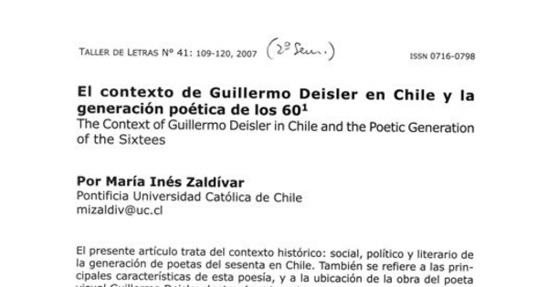 El contexto de Guilermo Deisler en Chile y la generación poética de los 60