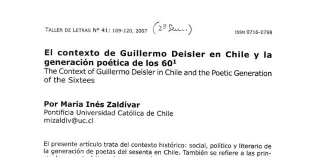 El contexto de Guilermo Deisler en Chile y la generación poética de los 60