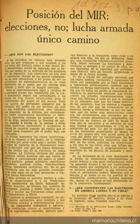 Posición del MIR: elecciones, no ; lucha armada único camino