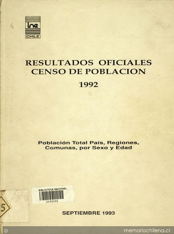 Resultados oficiales censo de población 1992: población total país, regiones, comunas, por sexo y edad