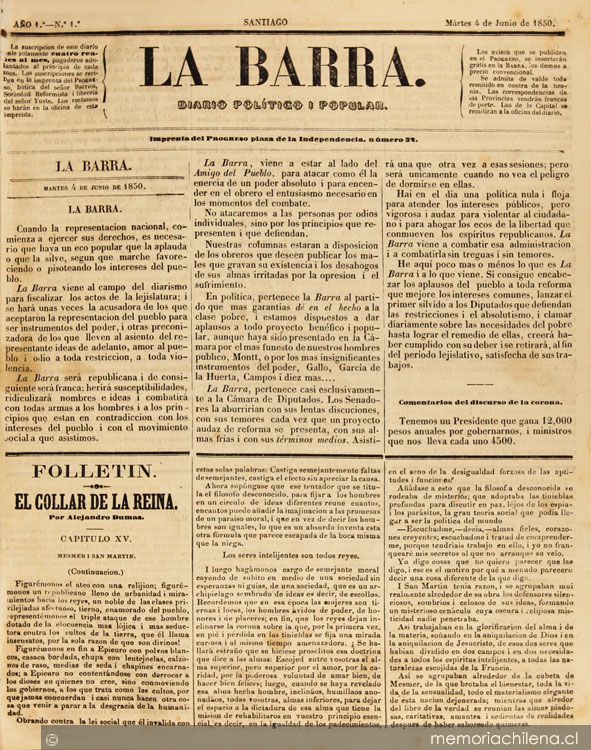 La Barra : diario politico i popular: año 1, no. 1-175, 4 junio 1850 a 19 abril 1851