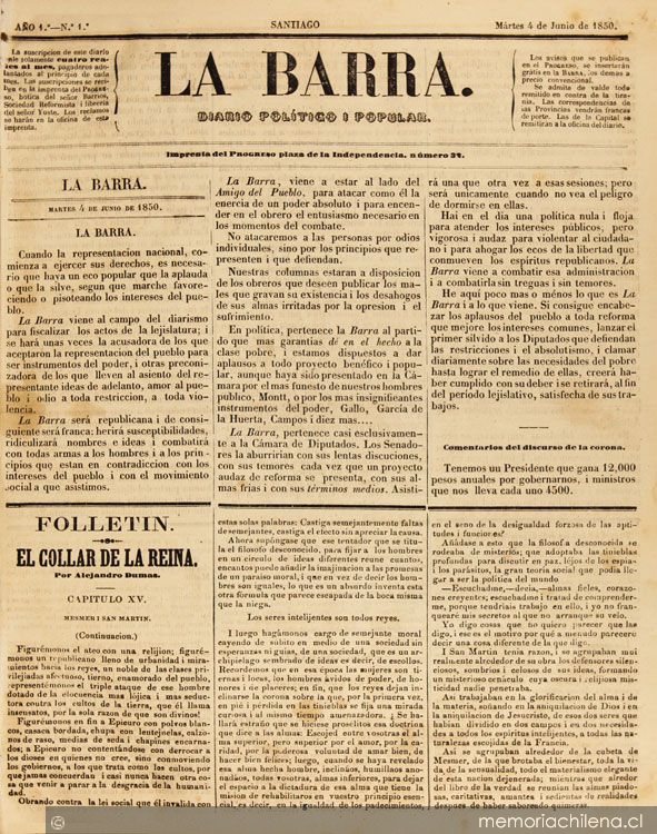 La Barra : diario politico i popular: año 1, no. 1-175, 4 junio 1850 a 19 abril 1851