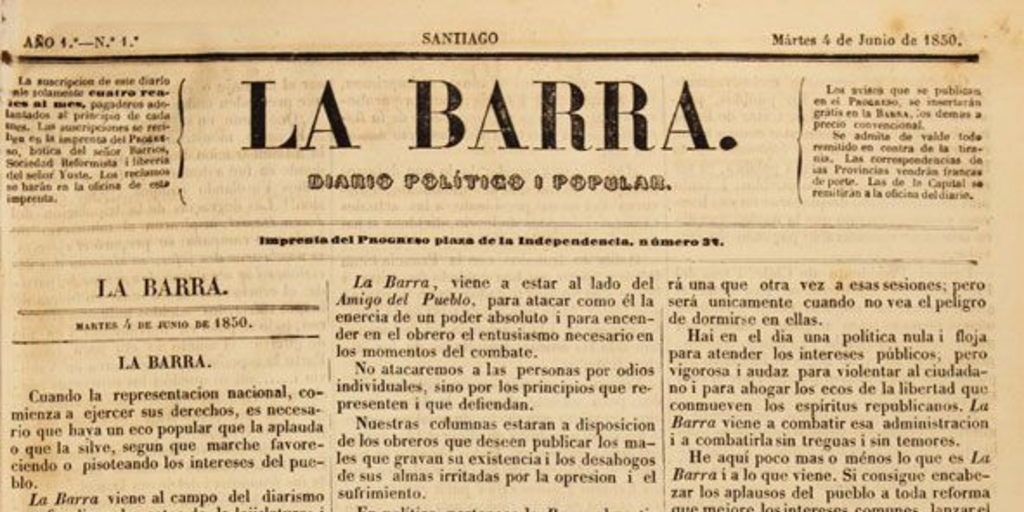 La Barra : diario politico i popular: año 1, no. 1-175, 4 junio 1850 a 19 abril 1851