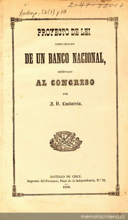 Proyecto de lei sobre creación de un Banco Nacional presentado al Congreso