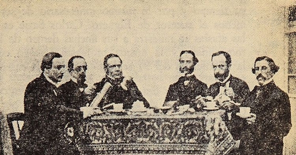 Reunión diaria de los médicos del hospital San Juan de Dios después de la visita de la mañana: preside Ramón Elguero, 1860
