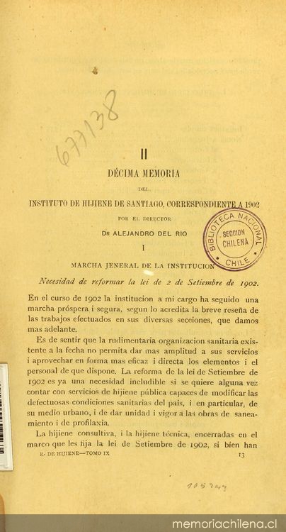 Memoria del Instituto de Hijiene de Santiago: 1902