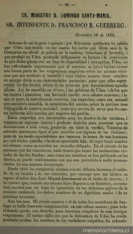 Sr. Ministro D. Domingo Santa María, Sr. Intendente D. Francisco B. Guerrero: 16 de diciembre, 1863