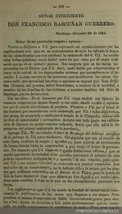 Sr. Intendente don Francisco Bascuñán Guerrero. 22 de diciembre, 1863