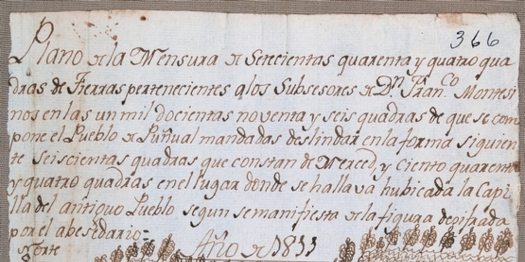 Plano de la mensura y setecientas quarenta y quatro cuadras de tierras pertenecientes a los subsesores de Don Juan Francisco Montesinos ..., 1811