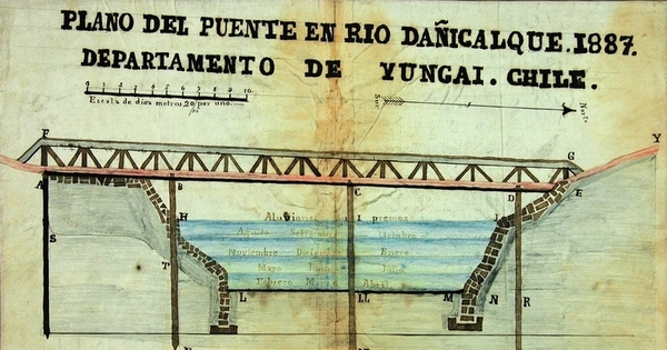 Plano de puente en río Dañicalque, Departamento de Yungay, Chile, 1887