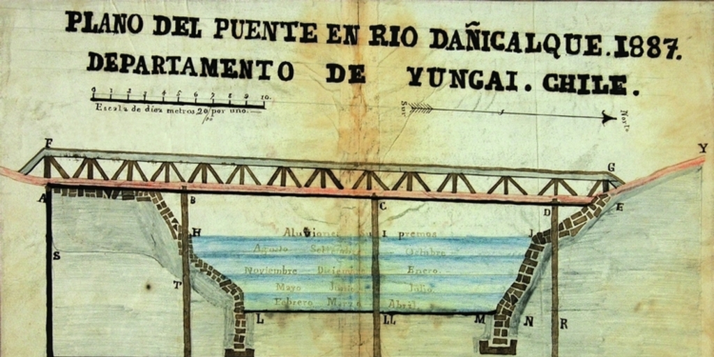 Plano de puente en río Dañicalque, Departamento de Yungay, Chile, 1887