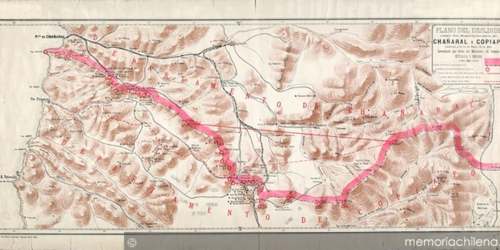 Plano del deslinde entre los departamentos de Chañaral y Copiapó conforme a la lei de enero 14 de 1884 levantado por orden del Ministerio del Interior : N. Boloña [mapa]