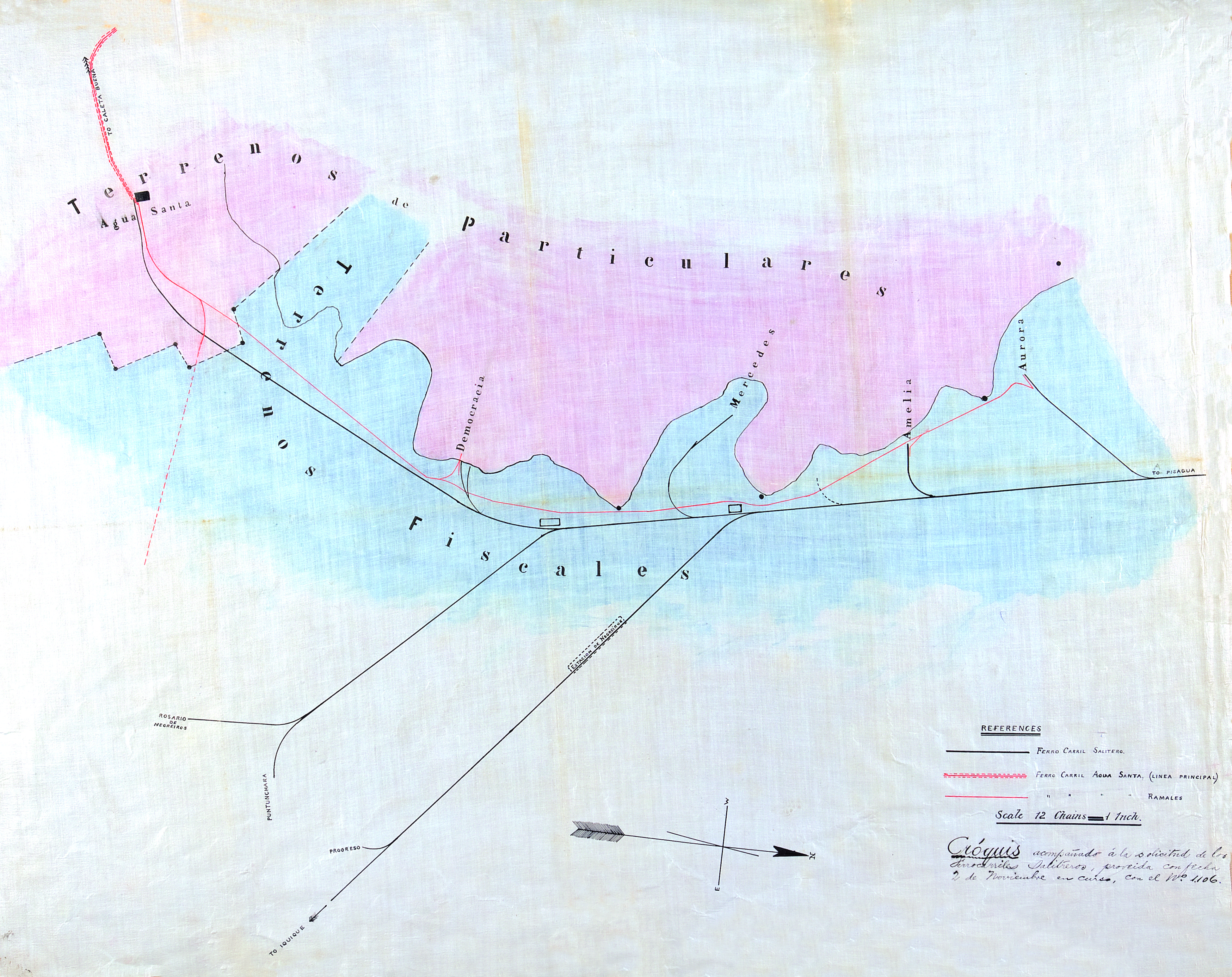 Croquis acompañado a la solicitud de los FF.CC. de las salitreras de "Agua Santa", Pisagua, 1889