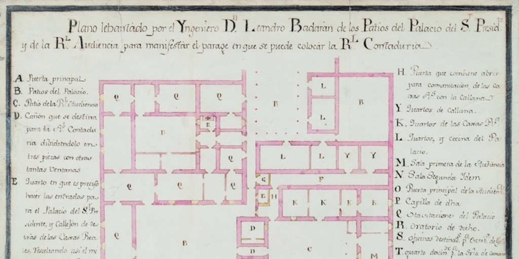 Plano lebantado por el yngeniero Leandro Badaran de los patios del señor presidente ...